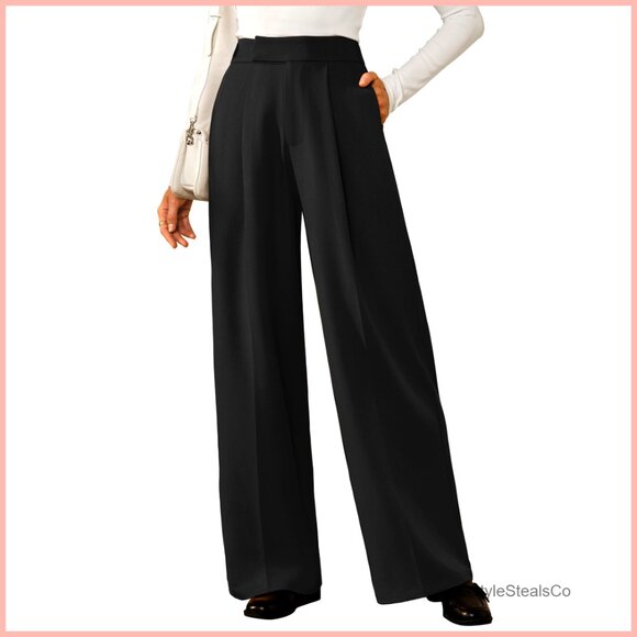 Wrinkle-Free Pleated Wide Leg Dress Pants High Waisted Business Casual